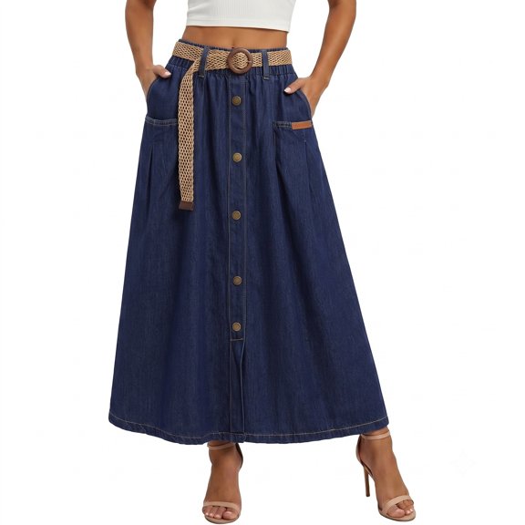 ZHOGXU Casual Midi Skirts For Womens Solid Color High Waist A Line Button Front With Pocket Outdoor Shopping Dating