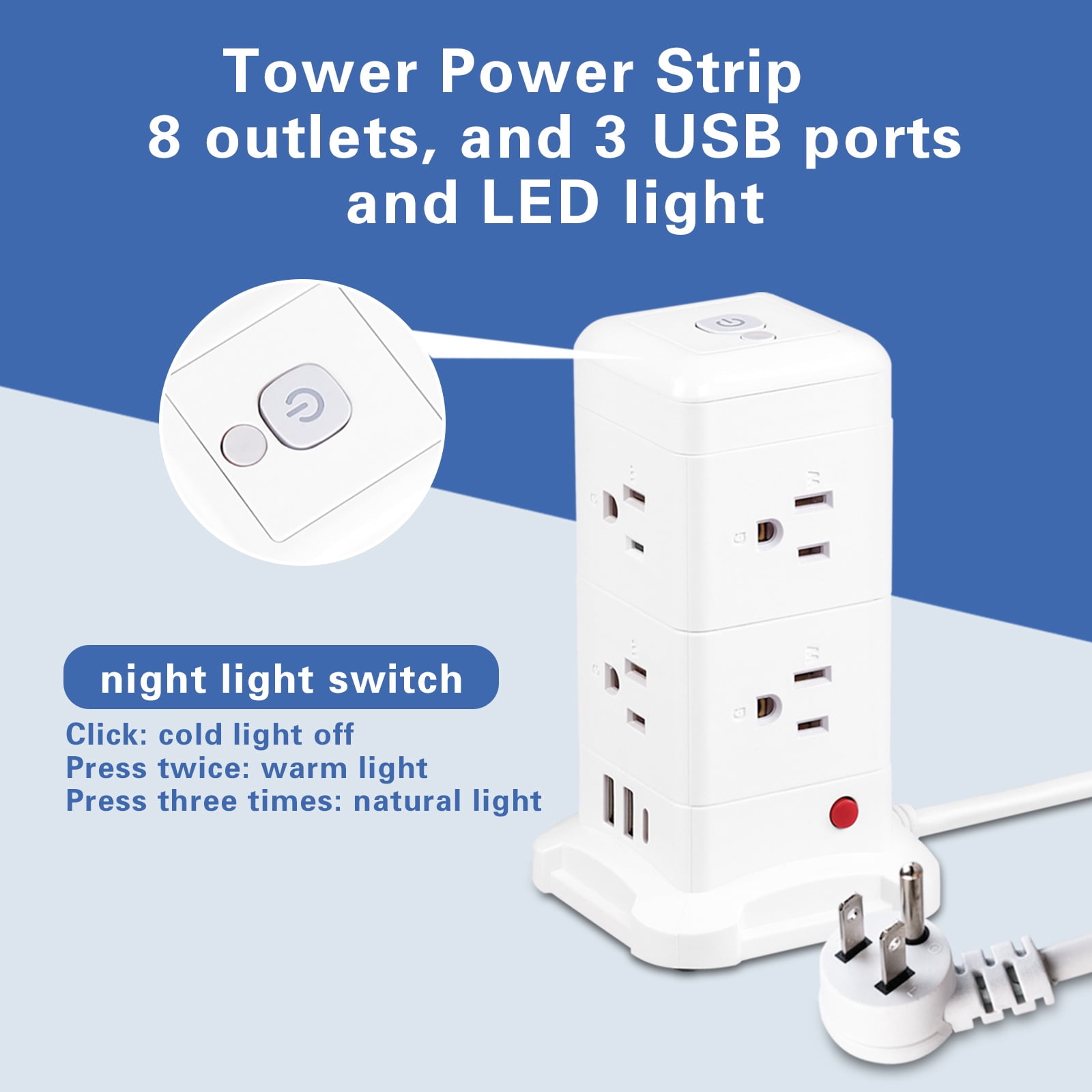 BEISHINK 8 Export Tower-Type Surge Protector with Night Light Function, Equipped with 3 USB Ports, 6.5FT Extension Cable, White Color