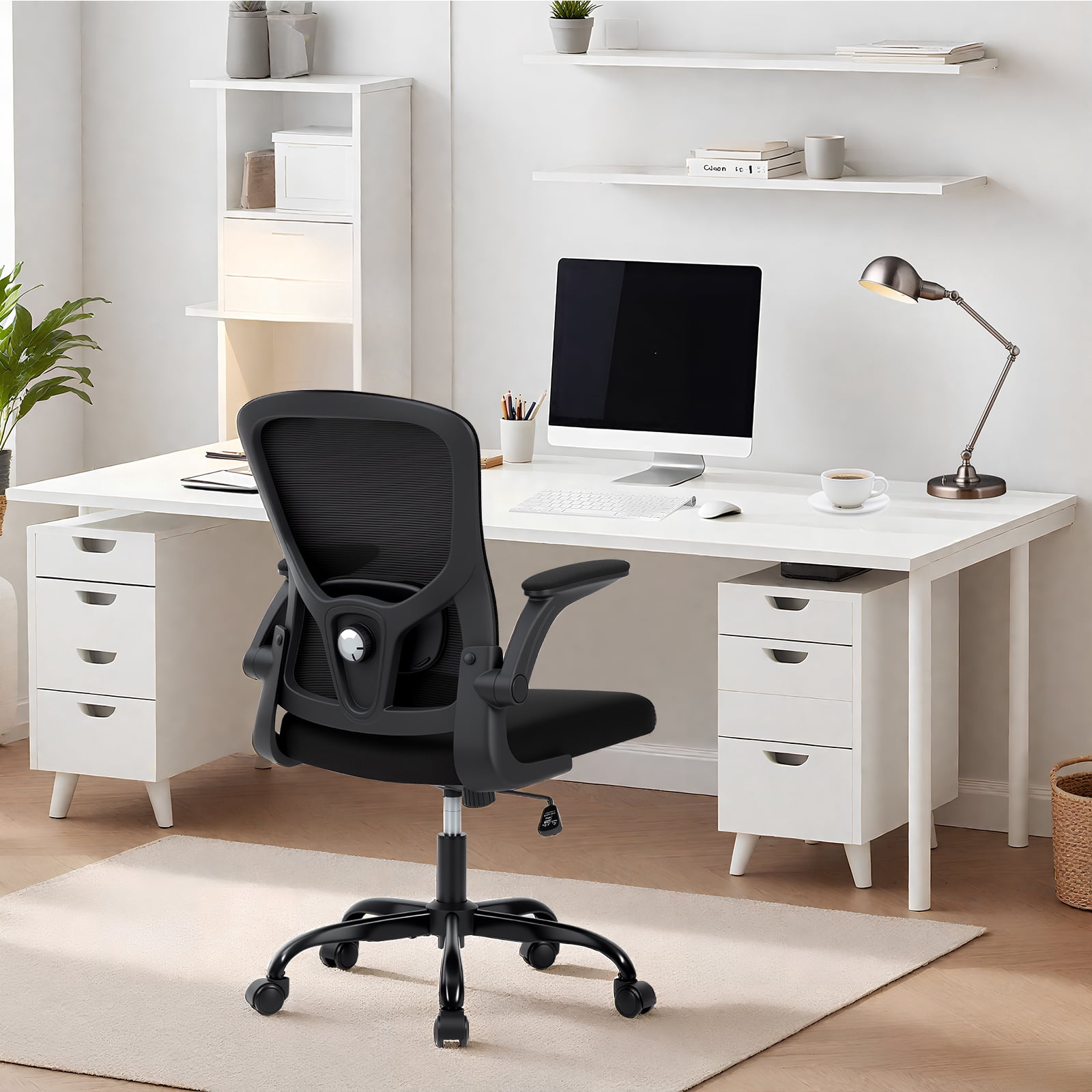 Ergonomic Mesh Office Chair – Adjustable Lumbar Support, Turn over-Up Arms, High Back Swivel Desk Chair, Comfortable Rolling Executive Task Chair for Home Office or Study – Black Frame Black Net