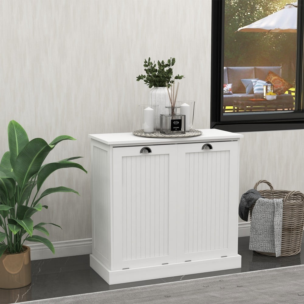 Laundry Hamper Cabinet, 2-Compartment Tilt-Out Laundry Sorter with Removable Cloth Bags, Freestanding Storage Cabinet, White