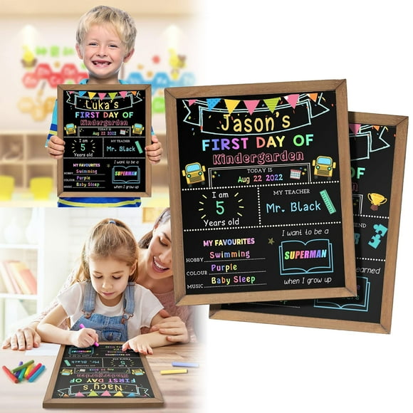 First Day of School Sign,10"x11" Wooden Double Sided Chalkboard Sign,Reusable & Erasable Dry Erase Board,Back to School Supplies