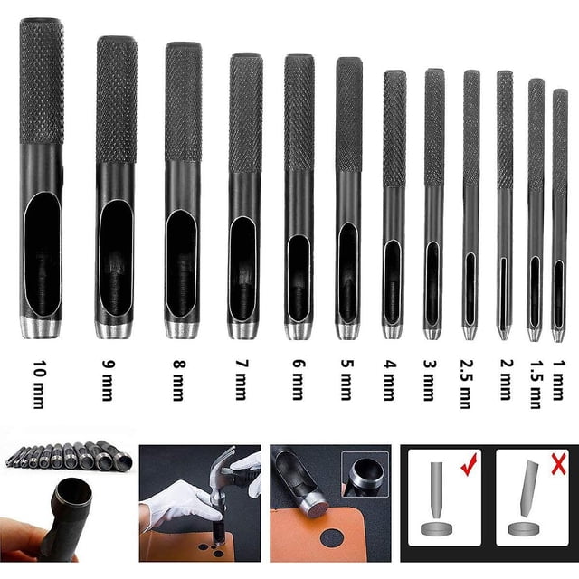 Juego de 10 punzones de cuero 0,5mm - 5mm herramientas de cuero para correas de reloj de cuero, cinturones, lona, papel, plástico 12 piezas. Feliz Sencillez