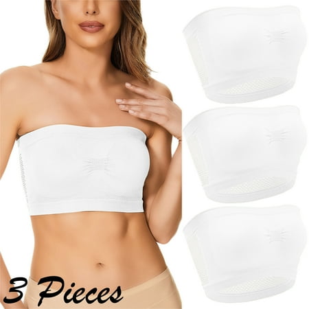 Crunowin Women s Tube Top Bra 3 Pack  Breathable Comfort Traceless Solid Color No Underwire Strapless Underwear White XL