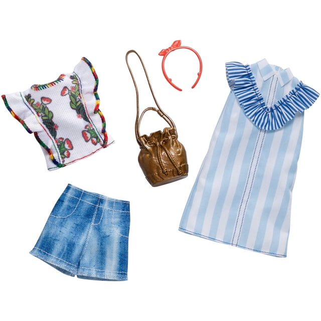 barbie clothes: 2 outfits doll include a blue and white shirt dress, gift for 3 to 8 year olds barbie - Conjunto para muñeca Barbie con dos atuendos: vestido camisero azul y blanco a rayas con volante en el cuello, blusa blanca con estampado floral y ribete multicolor, falda tipo mezclilla, bolso color bronce y diadema roja. También adecuado para cambiar ropa de muñecas de 9 pulgadas.
