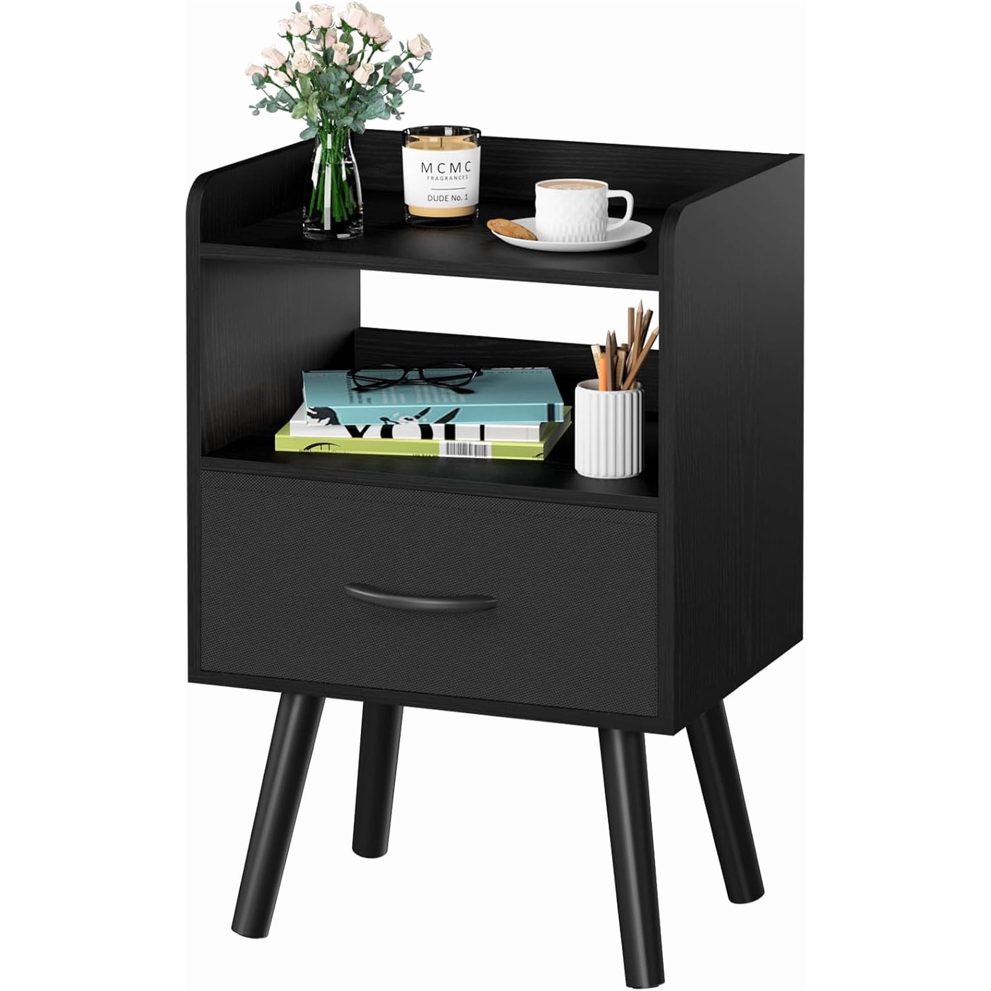 Modern Nightstand with Fabric Drawer & Open Storage Shelf Wood Bedside Table Small 2-Tier Night Stand for Bedrooms Mid Century End Table