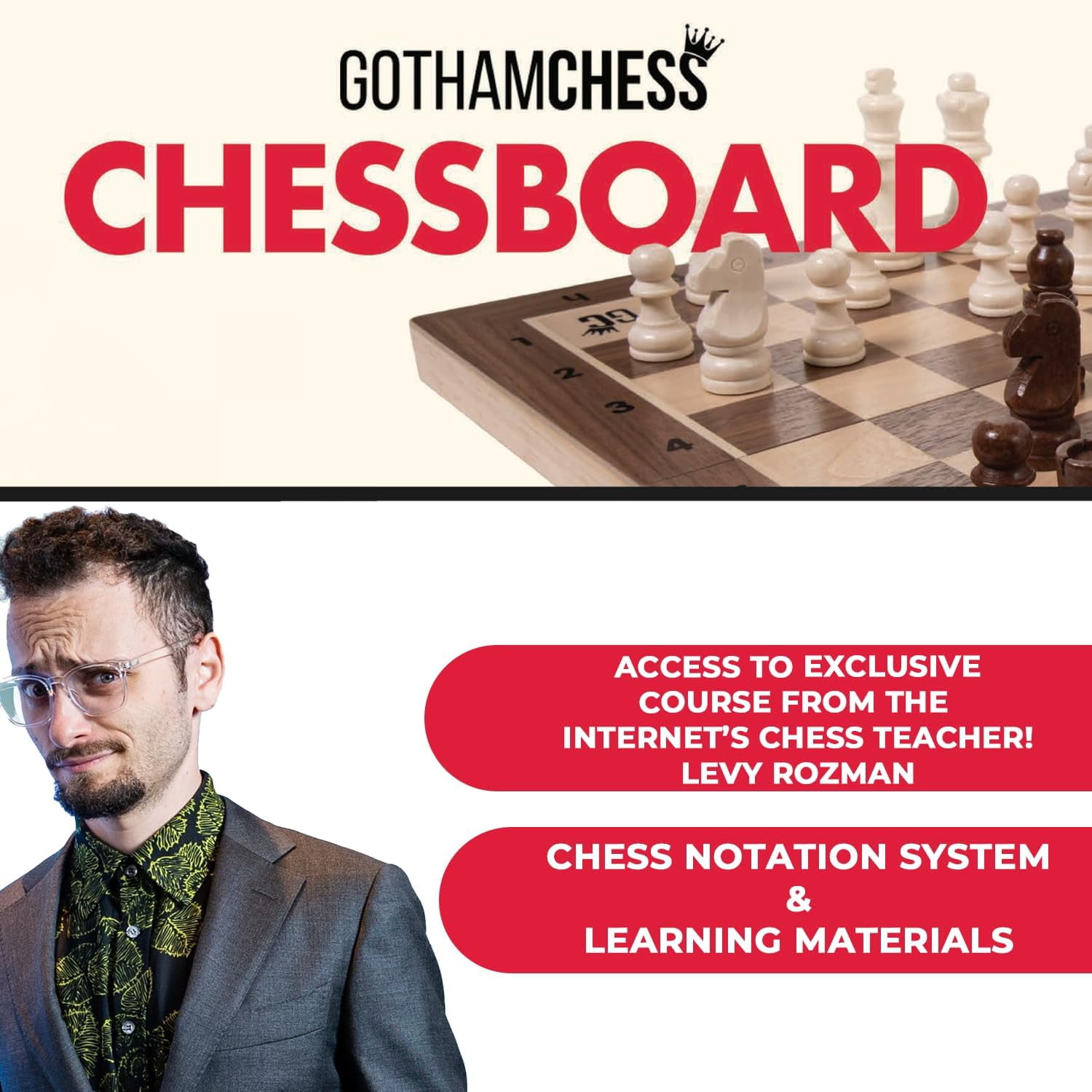 GothamChess, Chess Game board , Premium Wooden Finish Folding Board with Magnetic Pieces, Brown