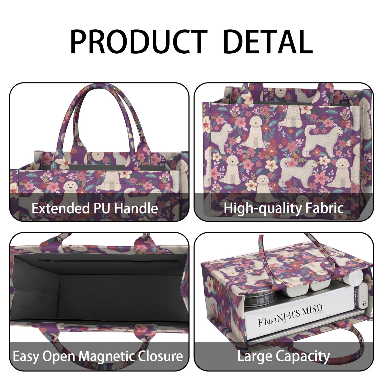 Large Capacity Tote Bag,Goldendoodle Dog and Flower Floral Handbag Fashion Luxury Tote Bag,15.7"x13"x 5.1" Inches,Laptop Compatible