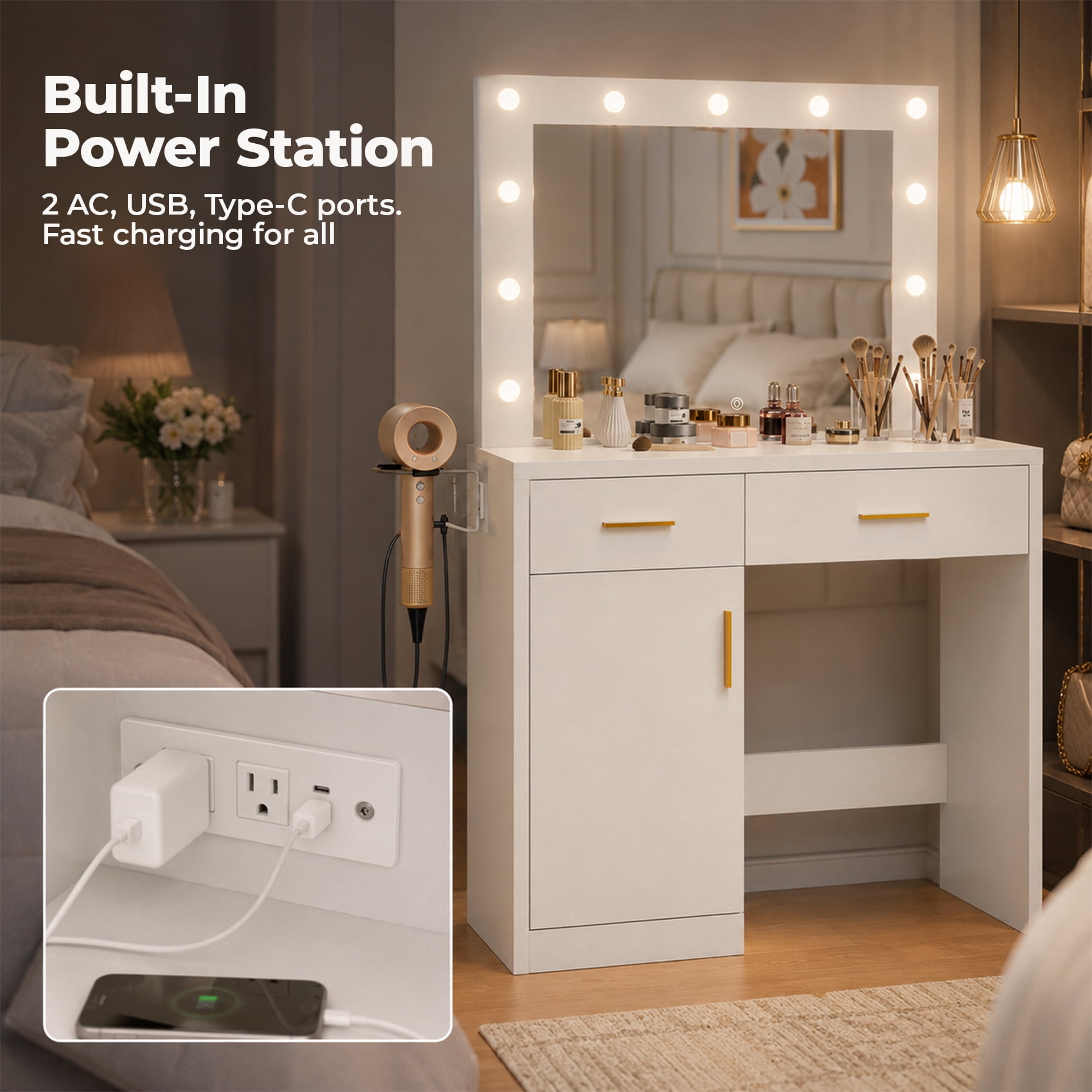 Alvantor 35.4" Makeup Vanity Desk with LED Mirror and Storage Cabinet