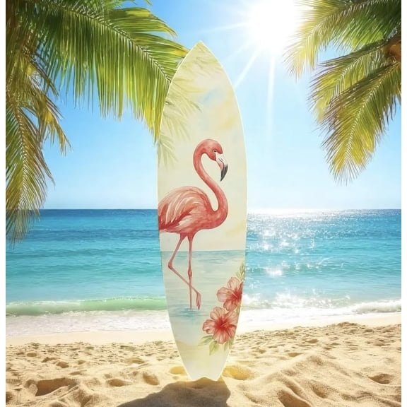 Flamingo Surfboard Wall Art – Tropical PVC Beach House Decor, Coastal Flamingo Sign for Porch or Patio, Outdoor Weatherproof, 3 Foot
