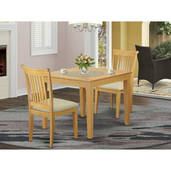 Boho Dining Set - 3 Piece Kitchen Table & Chairs - Square Table, Linen Upholstered Chairs, Oak Finish