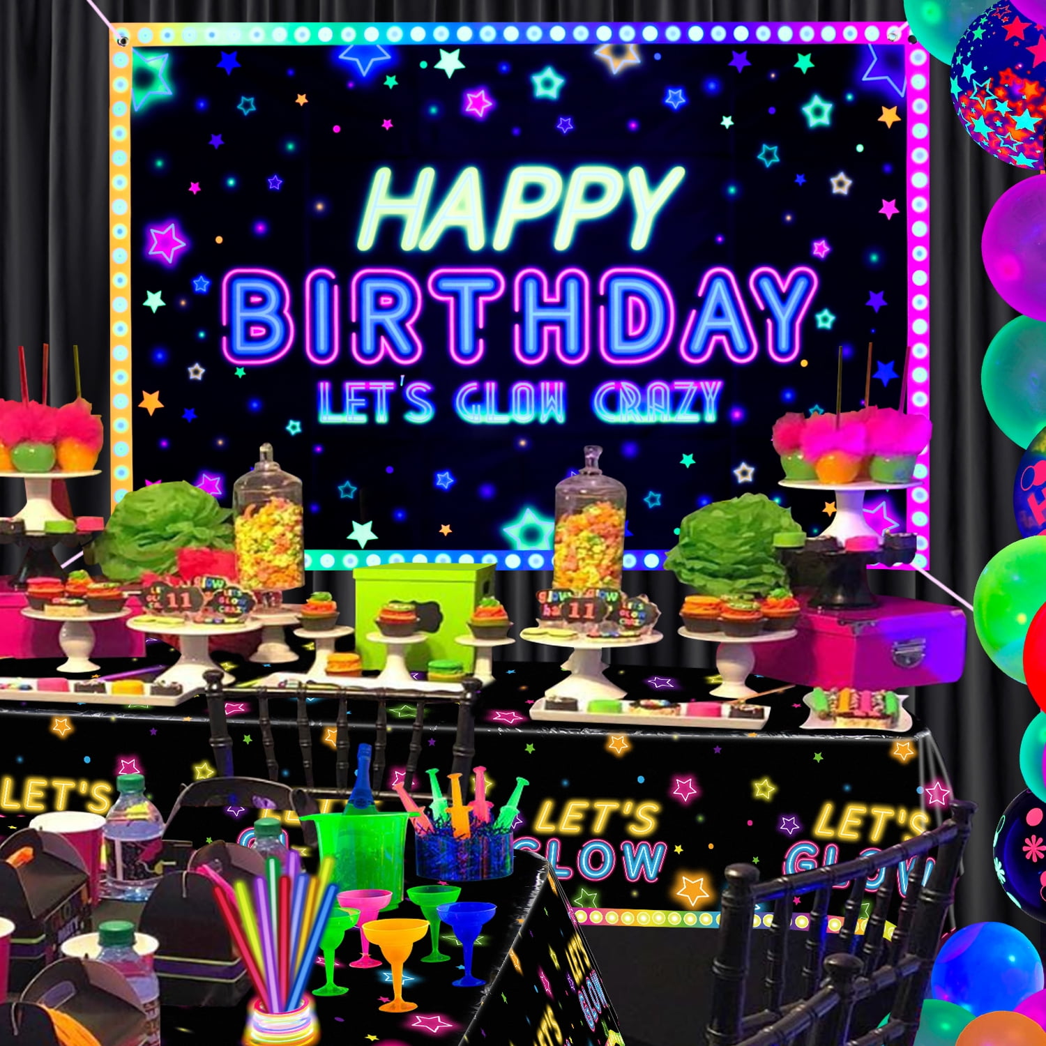 192 PCS Neon Glow Birthday Party Supplies - Glow in the Dark Birthday  Backdrop