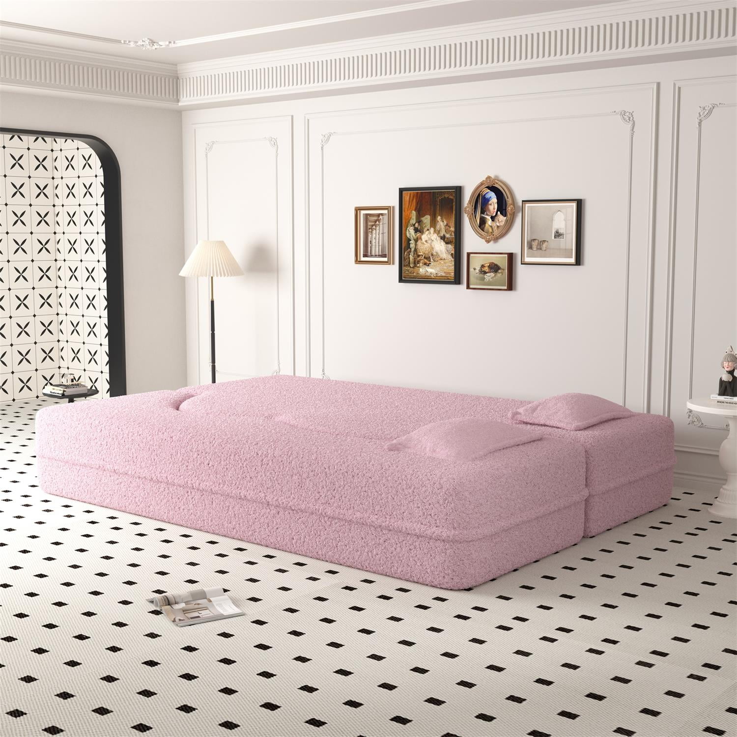 Demi Bonn Modern Convertible Floor Sofa Bed with 2 Pillows, Full Size 15" Folding Mattress, Teddy Fabric Foam-Filled for Living Room, No Assembly Needed, Pink