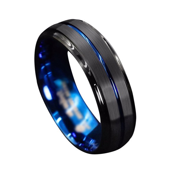 Riforla Men's Fashion 8mm Black Brushed Ladder Tungsten Edge Ring Blue Men Wedding Ring Gifts for Men Size11 Mens Jewelry Black