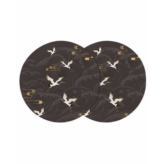 Japanese Style Round 13 Inch Placemats Set of 2, Vintage Cranes Ocean Wave Black Grey HeatResistant Non Slip Place Mats for Dining Table, Wipeable Braided Kitchen Table Mats for Housewarming