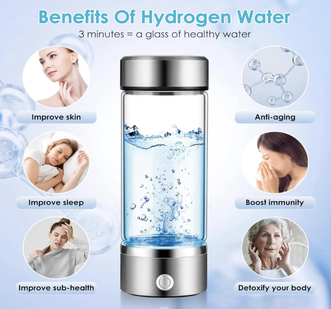 Hydrogen Water Bottle Generator - 1700 PPB Glass Portable Hydrogen Water Machine with SPE/PEM Technology, Rechargeable Hydro Health Bottle, Hydrogen Water Ionizer, Hydro Water Bottl