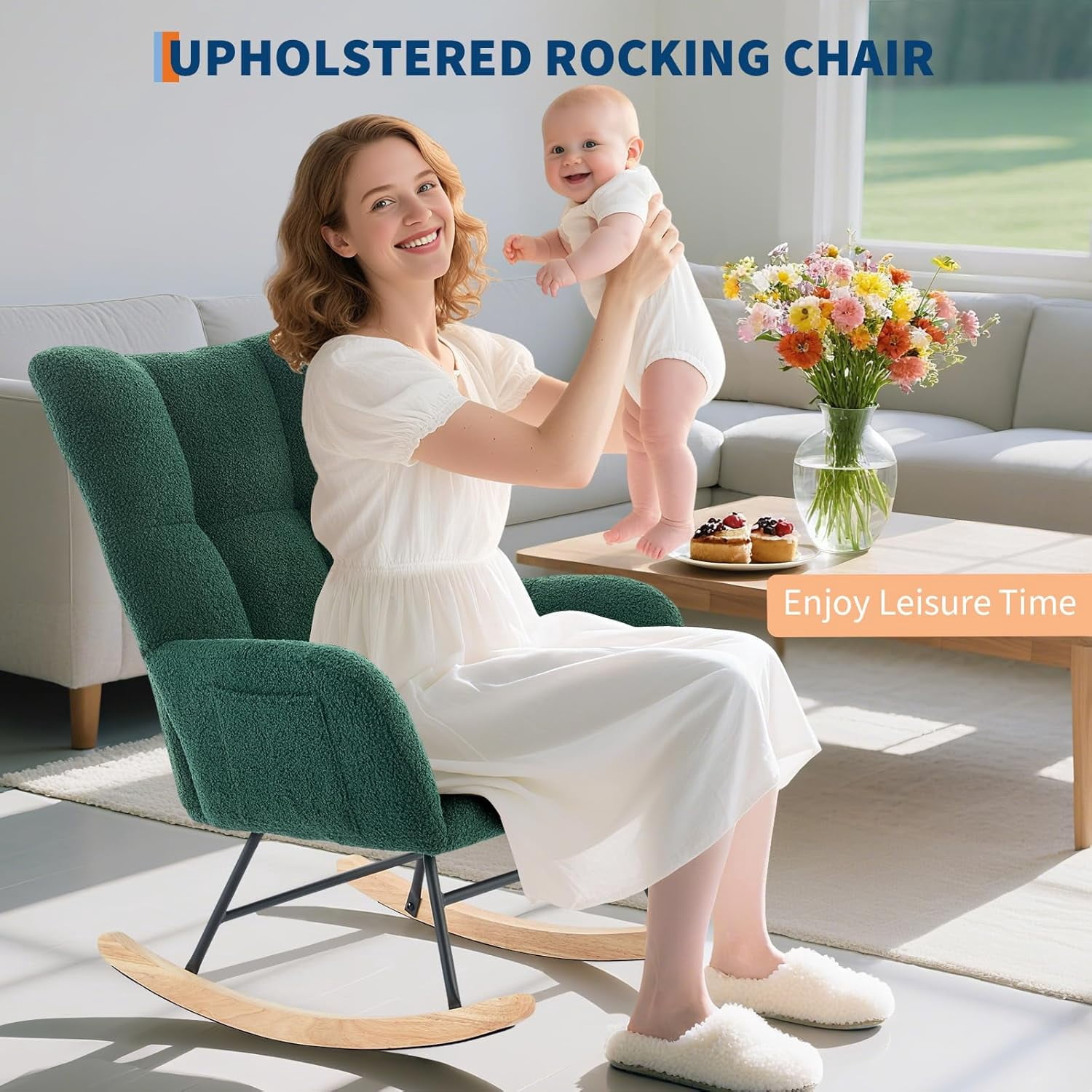 Rocking Chair Nursery Teddy Upholstered Baby Fluffy Glider Rocker for Adults Small Spaces Indoor Nursing Chair for Living Room Bedroom Classroom Beige Comfortable Durable Stylish-DarkGreen