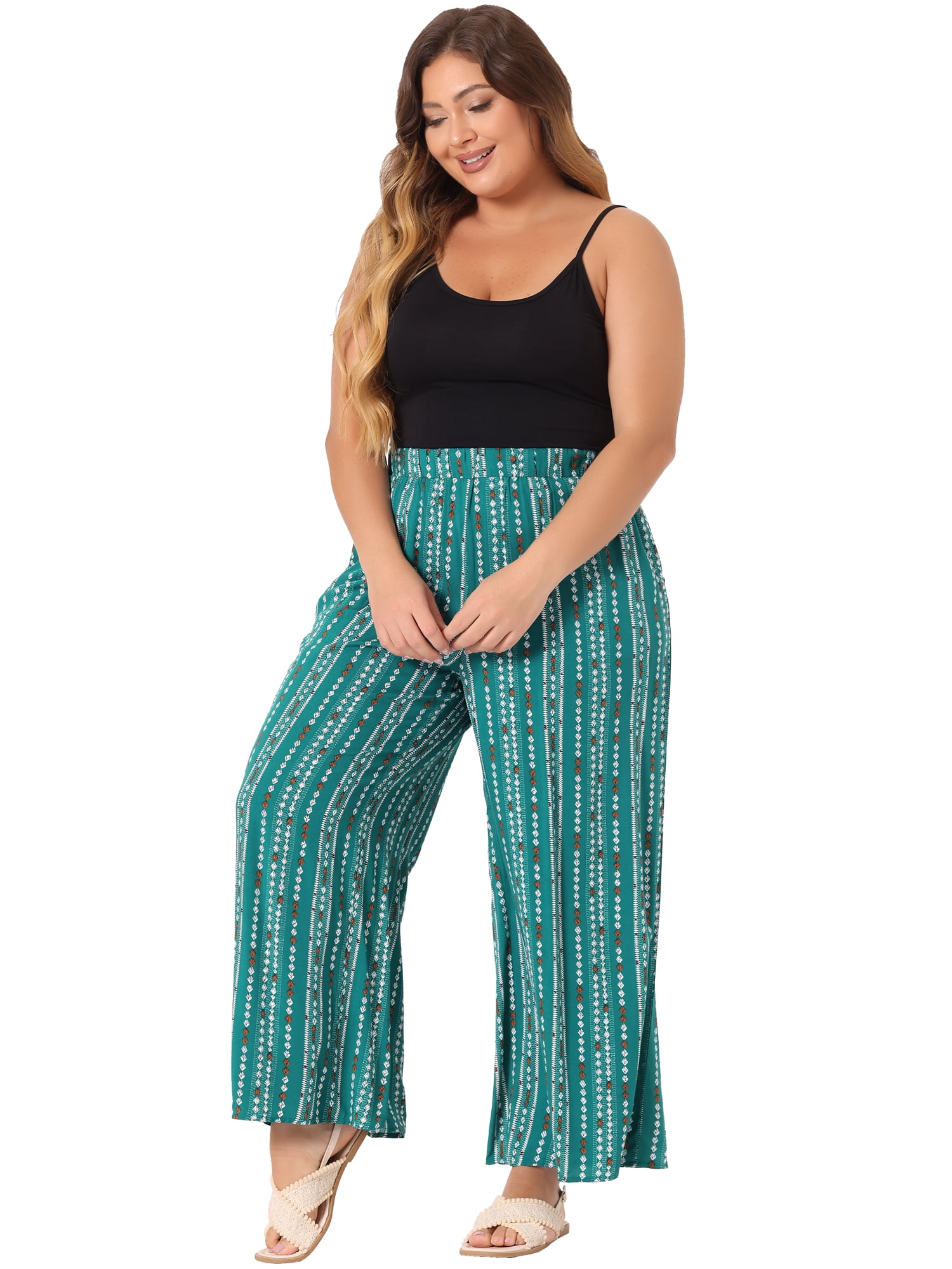DARING DIVA Women's Plus Stripe Boho Wide Leg Paper Bag Pants 3X Lake Blue