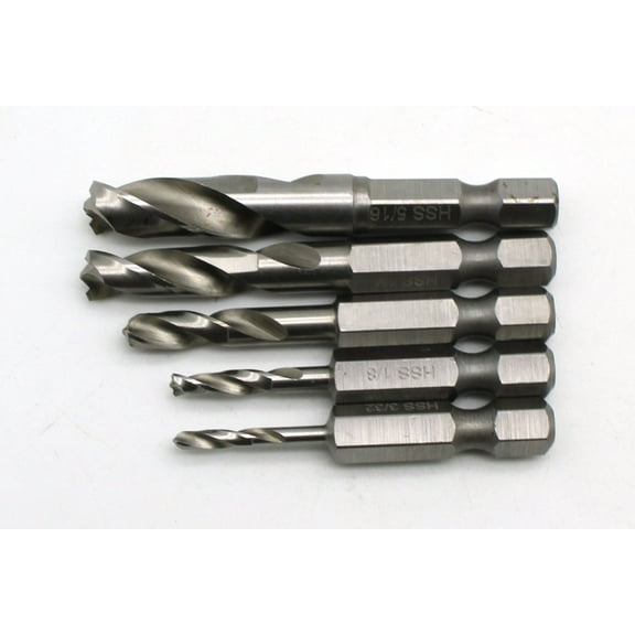 TMAX 5 pc M35 Cobalt High Speed Steel Jobber Drill Bit Set, 1/4 Inch Hex Shank for Quick Chucks & Impact Drivers, SAE Sizes 3/32 Inch-1/8 Inch-3/16 Inch-1/4 Inch-5/16 Inch