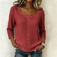 thumbnail image 4 of CLOISE Womens 3/4 Sleeve Tops Plus Size Shirts Loose Solid Color V Neck Pullover Cotton Blend Casual Fall Clothes Red XL, 4 of 8