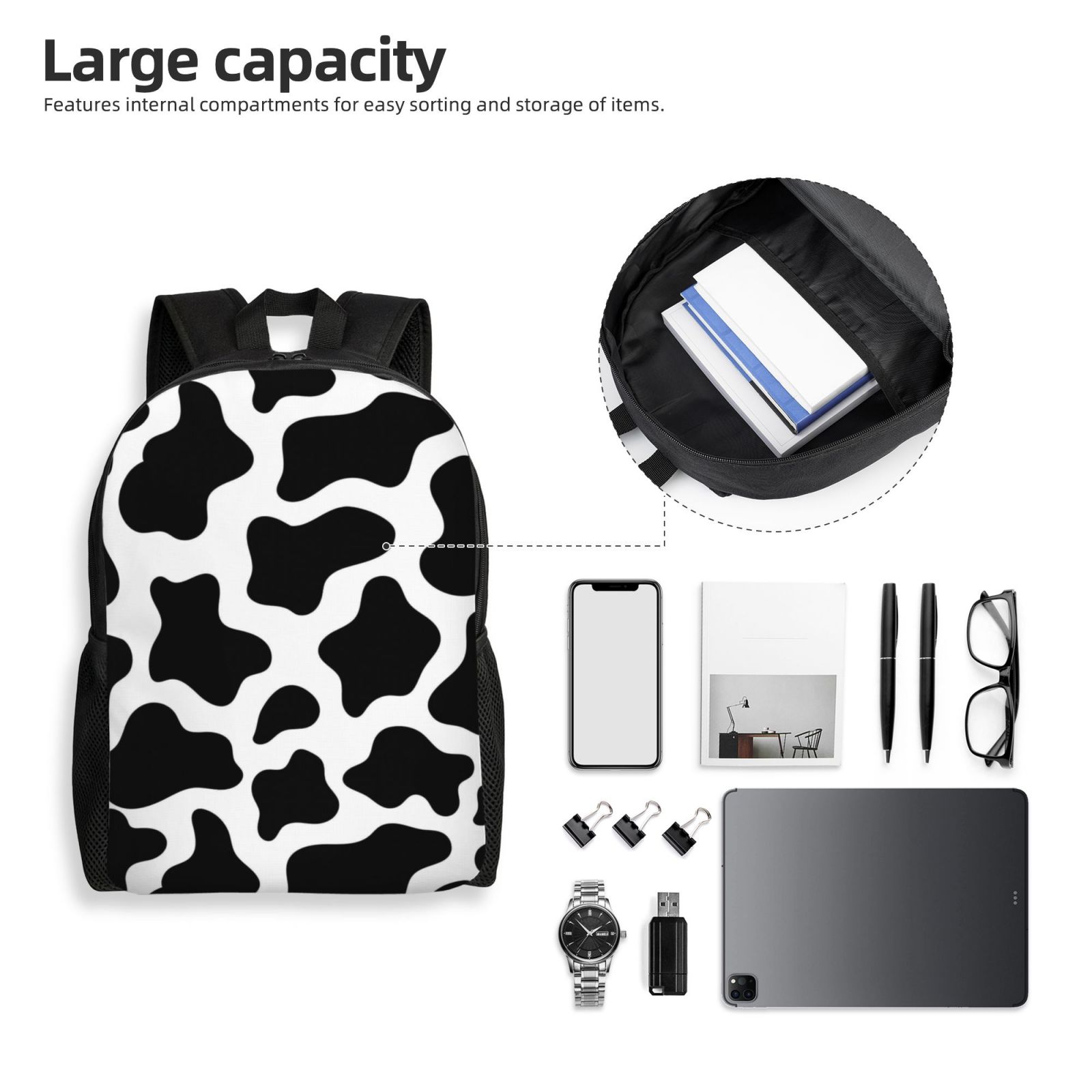 Xecao Cow Print Black White Print School Backpack with Laptop Compartment Small Travel Laptop Backpack for Women Men Waterproof College Backpack Simple School Bag