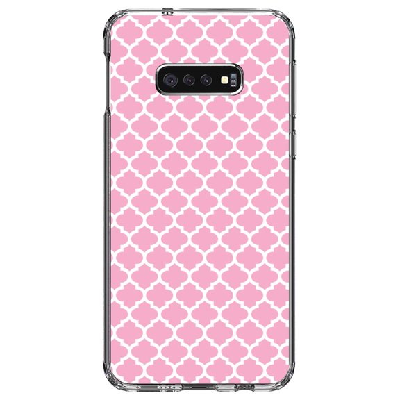 DistinctInk Clear Shockproof Hybrid Case for Samsung Galaxy S10e (5.8" Screen) - TPU Bumper, Acrylic Back, Tempered Glass Screen Protector - Pink White Moroccan Lattice