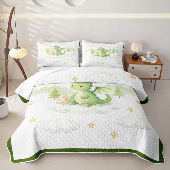 Homewish Cartoon Dragon Twin Quilt Set,Lovely Animal Twin Coverlet Set,White,2-Piece