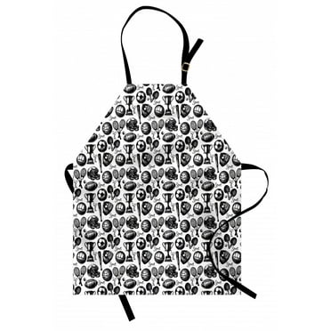 Sport Apron Monochrome Trophy Baseball Glove Ping Pong Ball Sketch Style Bat Tournament Inspired, Unisex Kitchen Bib Apron with Adjustable Neck for Cooking Baking Gardening, Black White, by Ambesonne