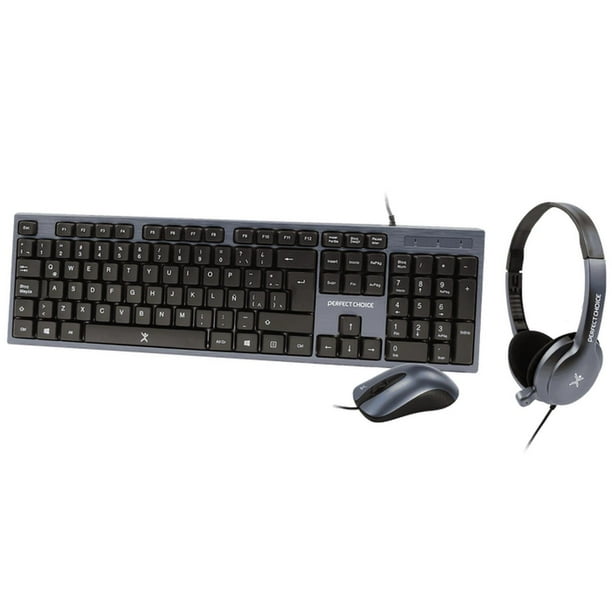 Kit Teclado+Mouse+Diadema para Oficina PERFECT CHOICE PC-201700, Negro, 1000 DPI