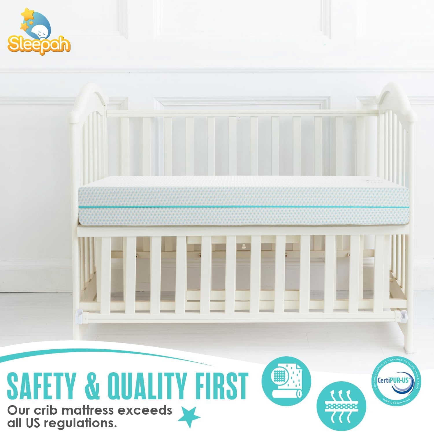 6” Crib and Toddler Bed Mattress – Made in USA – CertiPUR OEKO-TEX Certified – Breathable Waterproof Washable Removable Soft Cover – Dual Sided Firm for Babies and Plush for Toddlers Blue