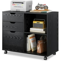 3-Drawer Wood File Cabinet, Mobile Lateral Filing Cabinet, Printer Stand with Open Storage Shelves for Home Office, Black