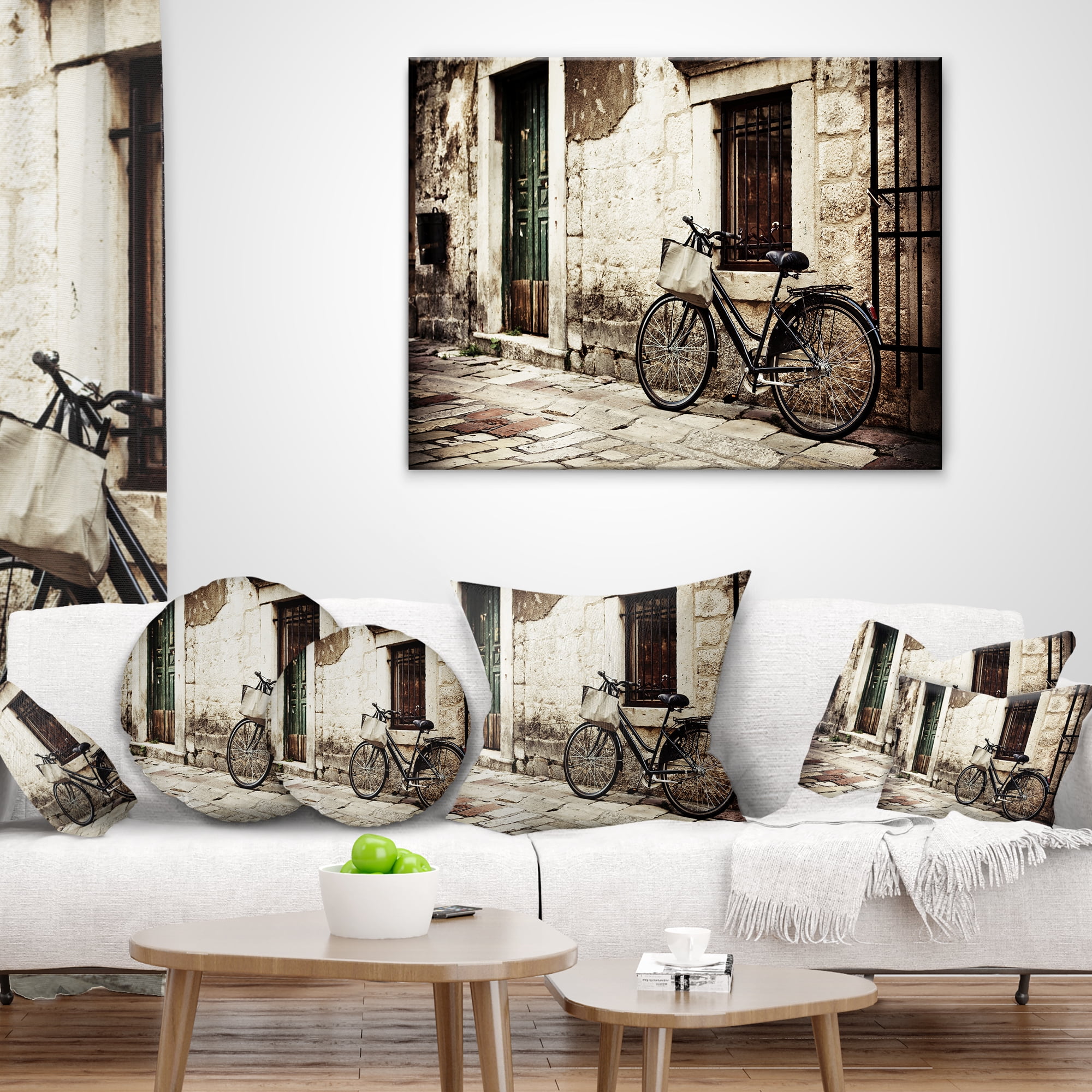 Designart Bicycle with Shopping Bag - Landscape Photo Throw Pillow - 16x16