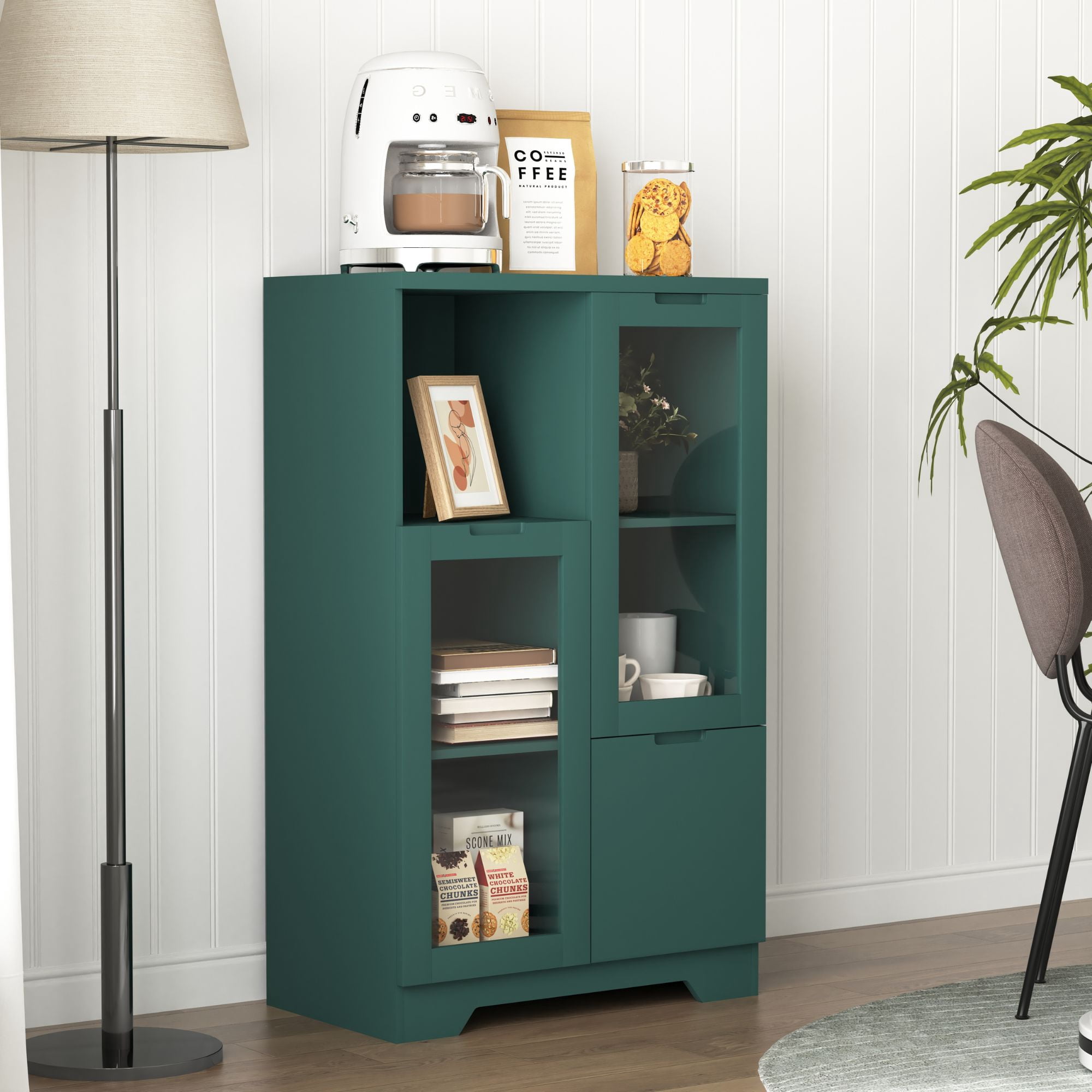 Noble House Storage Cabinet with Glass Doors and Drawer, Adjustable Shelves, Green