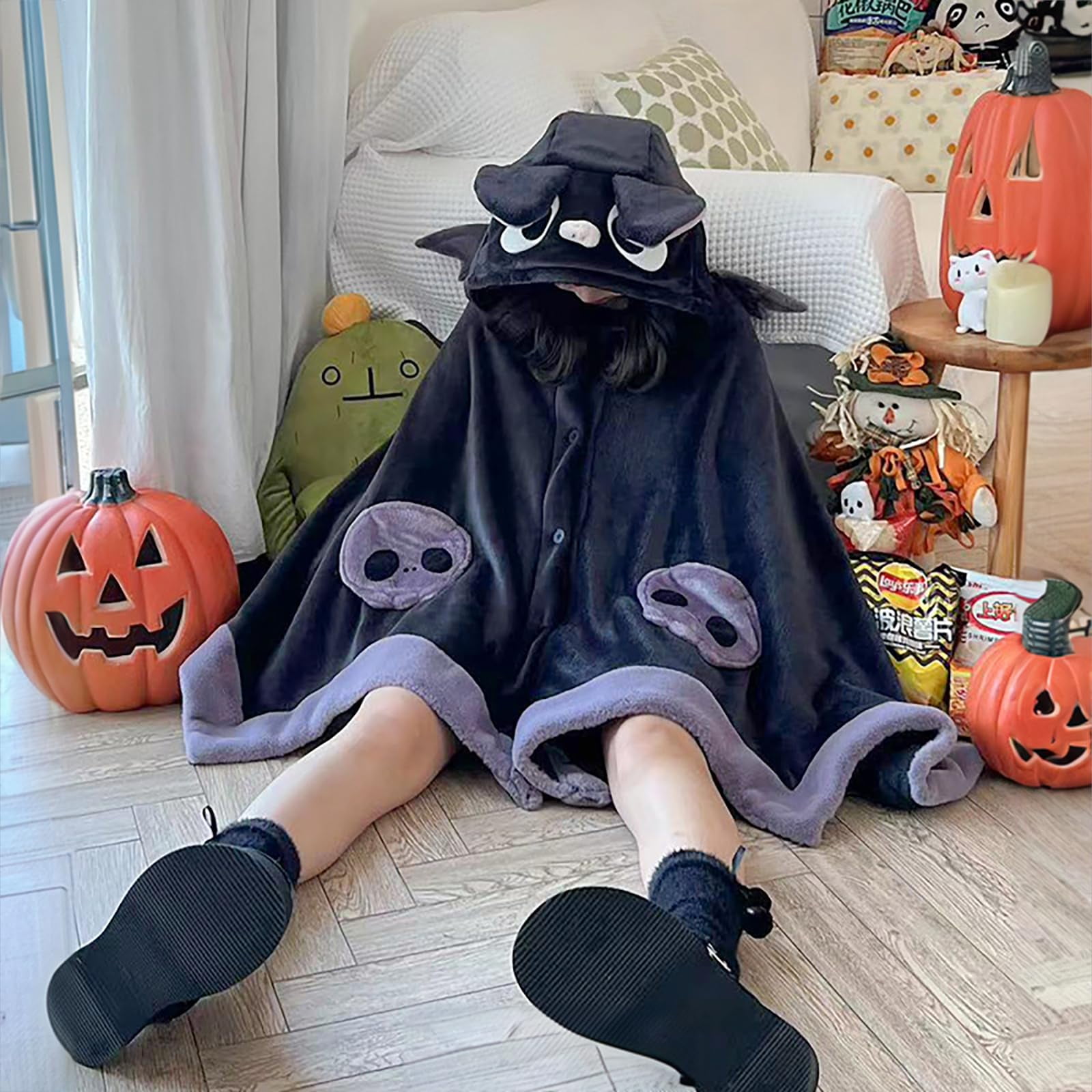 Cute Bat Blanket Hoodie, Wearable Bat Blanket Adult for Halloween Cosplay, Soft Hooded Bat Cape for Women