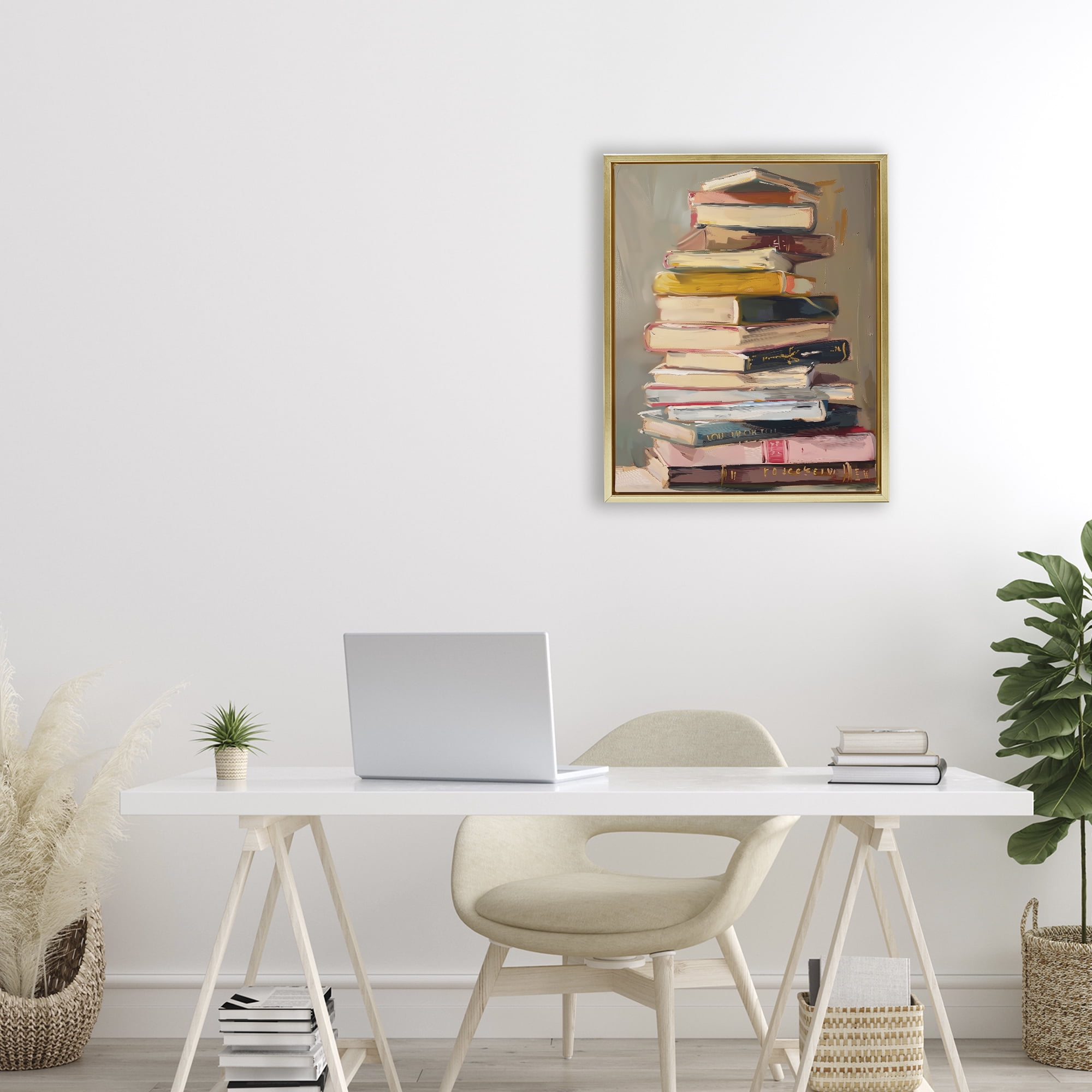 Stupell Industries Well Loved Bookstack Gold Framed Floater Canvas Wall Art, design by LSR Design Studio