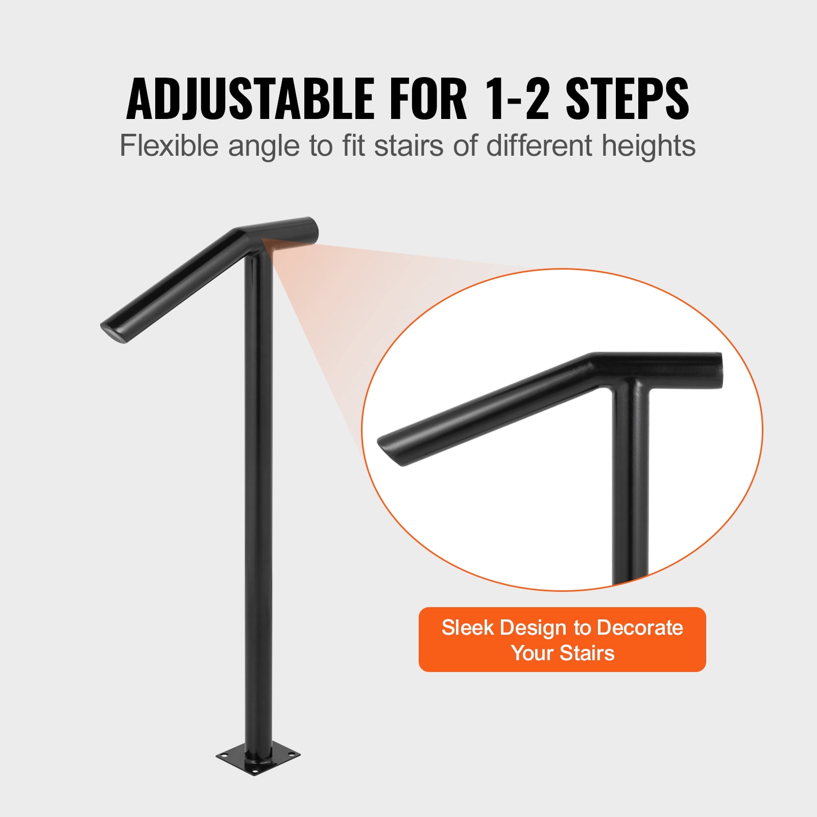 KFFKFF 2 Step Single Post Handrail Round Metal Stair Handrail Aluminum Material Stair Handrail with Installation Kit 18L x 38H Inch Step Stair Railing