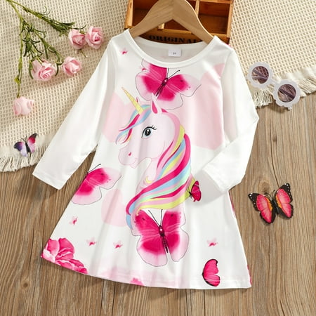 

PatPat Toddler Girl Animal Unicorn Butterfly Print Long-sleeve Dress Sizes 18M-6Y