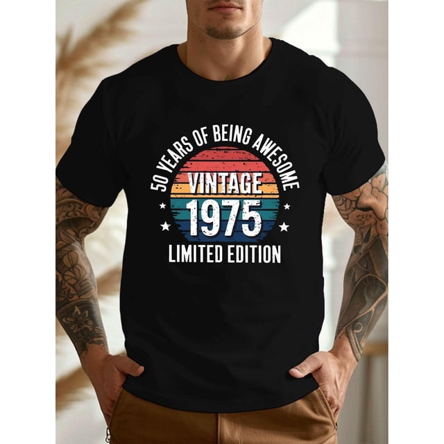 Camiseta gráfica ligera "50 años de ser increíble" de 1975 para hombre. Cuello redondo, manga corta, algodón ligero. Camiseta de verano.