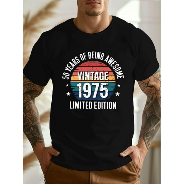 Camiseta gráfica ligera "50 años de ser increíble" de 1975 para hombre. Cuello redondo, manga corta, algodón ligero. Camiseta de verano.
