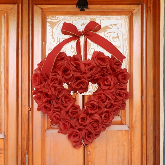 Xecvkr Valentine’s Day Wreath Heart Shaped Artificial Silk Flower Front Door Decoration Rose Ribbon Easy Care Layout Elegant Romantic Wedding Festival Gift 1pc