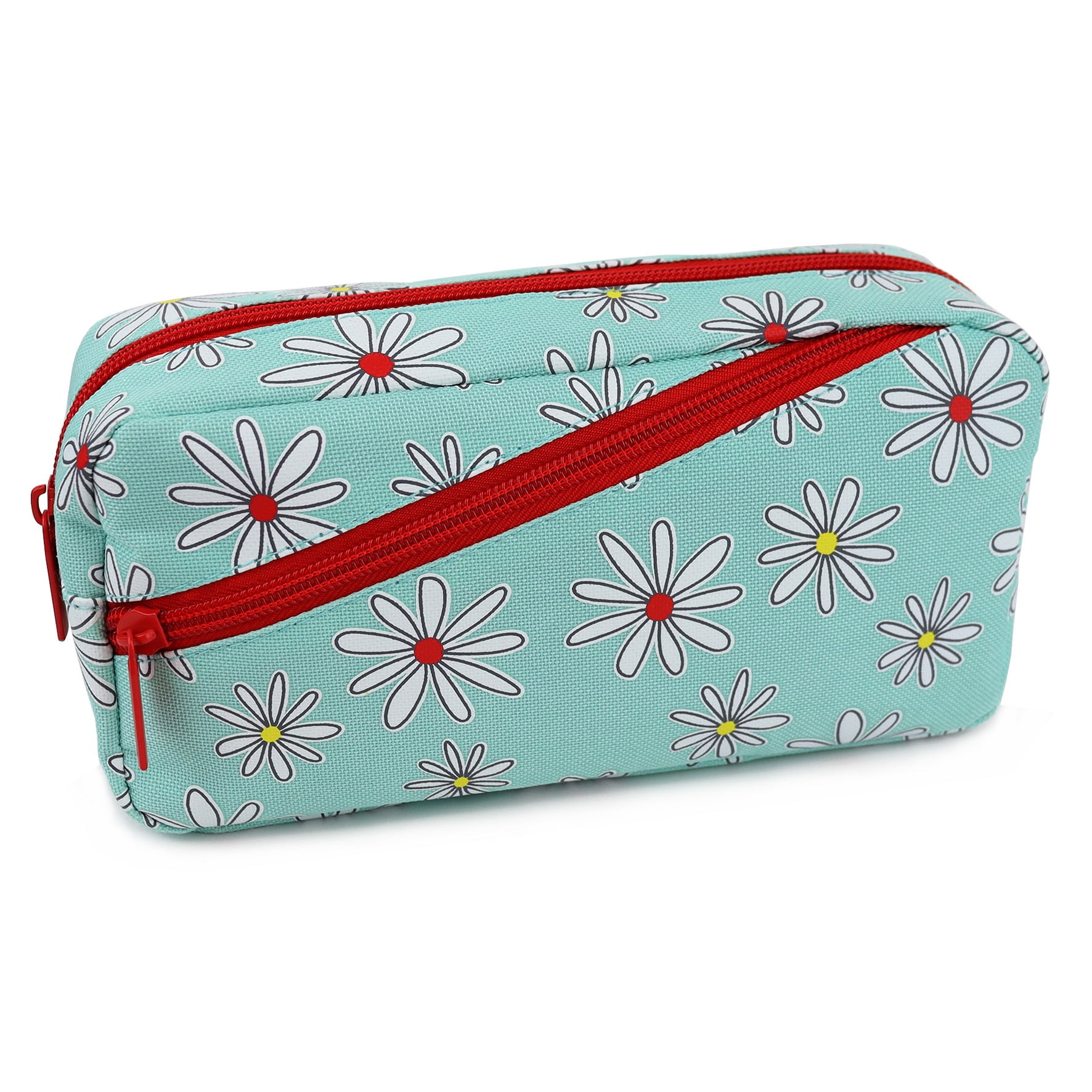 Pen+Gear 2 Zip Daisy Design Pencil Pouch, Mint Polyester, Coral Zips, College, Middle and High School
