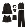 thumbnail image 2 of Pijama de siete piezas de color sólido para mujer, cárdigan de seda para primavera/otoño/verano, ropa de hogar, traje de pijama de seda artificial de 7 piezas, 2 of 5
