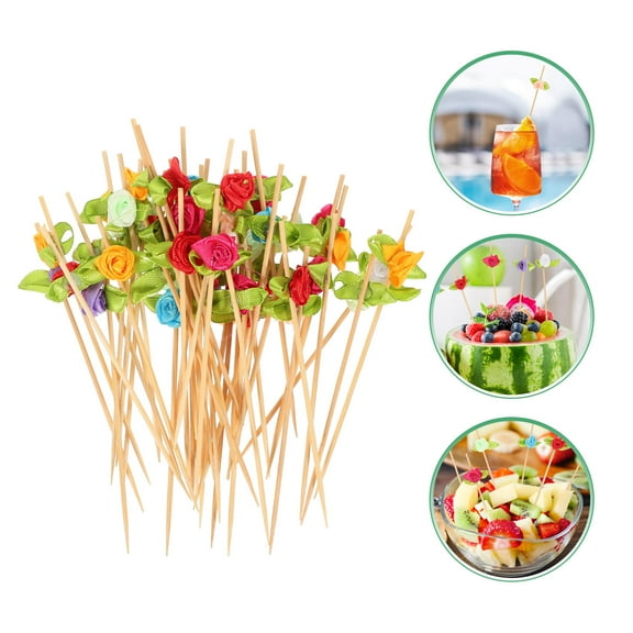 HEMOTON 100Pcs Rose Cocktail Picks Flower Bamboo Cocktail Skewer Sticks Fancy Toothpicks for Appetizers