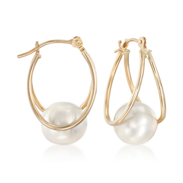 Ross-Simons 8-9mm Cultured Pearl Double Hoop Earrings in 14kt Yellow Gold