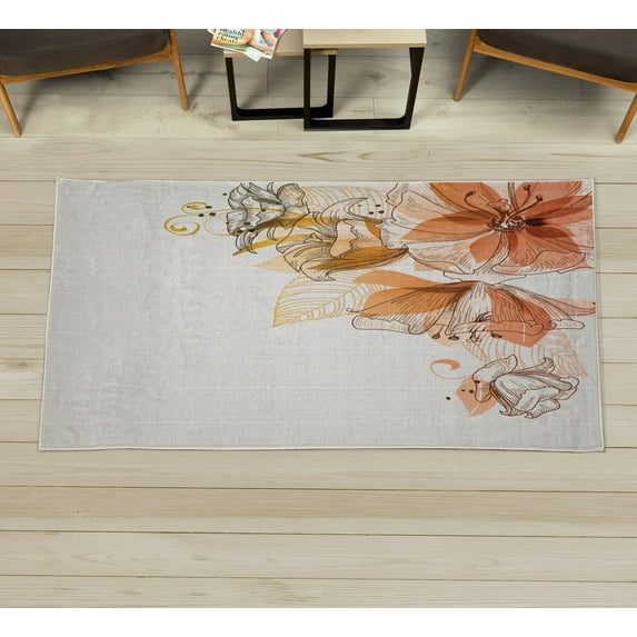 Flowers Decorative Rug, Buds Leaf at the top Left Corner Season Celebrating Theme Illustration, Quality Carpet for Bedroom Dorm and Living Room, 6 Sizes, Peach White, by Ambesonne