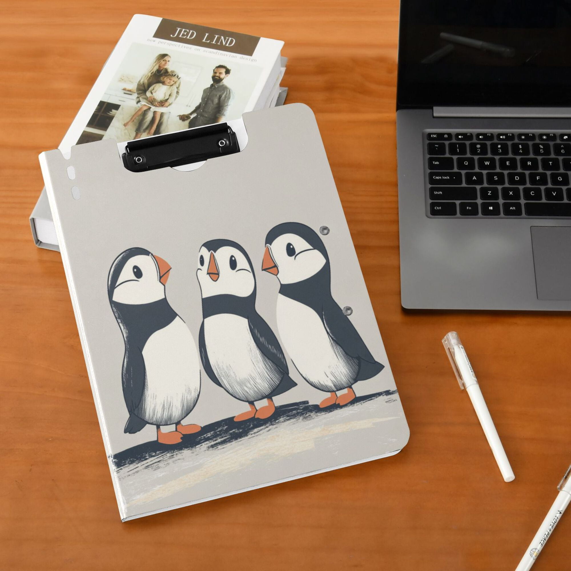 FORMRS A4 Clipboard Folder with Pen Holder Horizontal Foldable School Office Binder, Cute Puffin