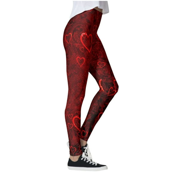 Odeerbi Yoga Full Length Pants for Women 2025 Casual High Waist Heart Print Sweatpants Leggings Skinny Sports Yoga Running Gym Pants Wine