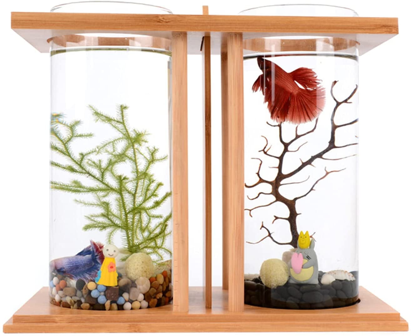 Creative Bamboo Wood Ecological Fish Tank Dual Glass Desktop Mini DIY Goldfish Betta Fish Tank Micro Landscape Tank Aquarium Small Fish Tank