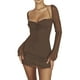 thumbnail image 1 of Sunloudy Mini vestido ajustado con cuello halter para mujer, vestido de club de color sólido con busto fruncido de manga larga, 1 of 8