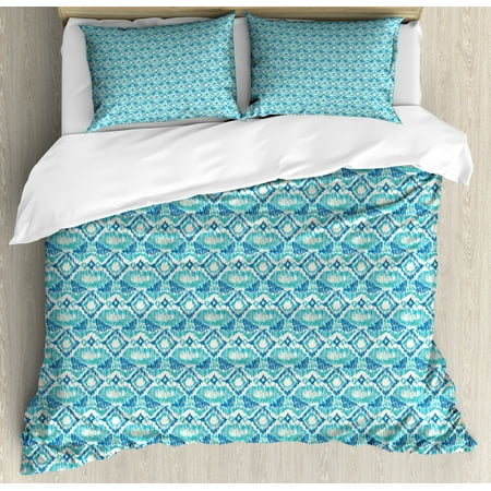 Turquoise Color Bedding Ikat Duvet Cover Set, Abstract Shapes with Lines Marine Color Palette Asian Traditional Motifs, Decorative Bedding Set with Pillow Shams, Blue Turquoise Cream, by Ambesonne ()