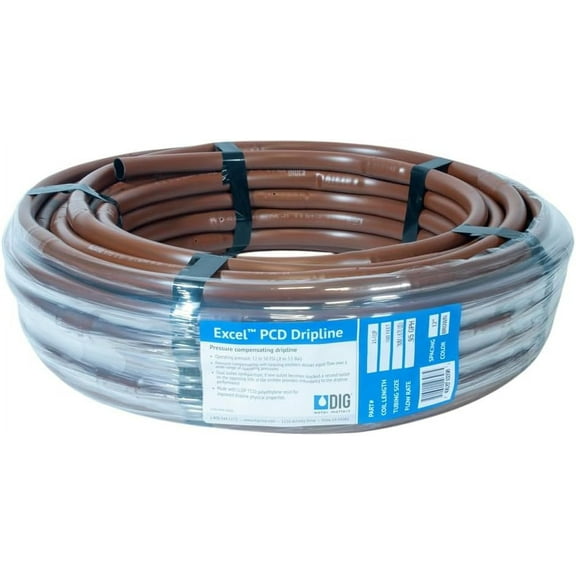 DIG A1-112P 17 MM EXCEL PCD Dripline with two outlets, 100 ft .95 GPH, 12 in. Spacing, for even irrigation uniformity along the dripline (.570 in. ID x .670 in. OD), Brown